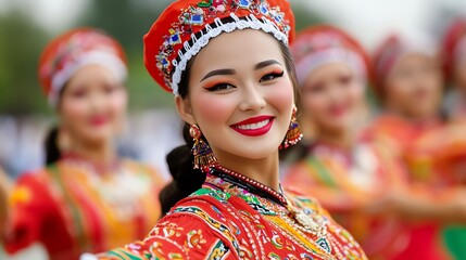 Fototapeta premium A vibrant cultural celebration featuring a smiling dancer in traditional attire, showcasing rich colors and joyful expressions.