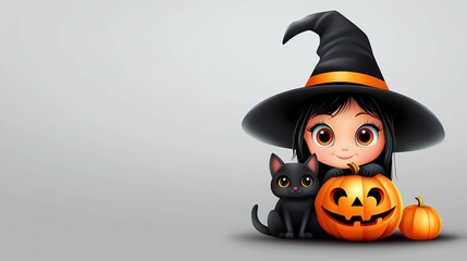 Adorable Halloween scene featuring a young witch with a black cat and a smiling pumpkin, perfect for festive celebrations.