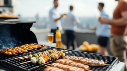 A vibrant rooftop barbecue scene featuring delicious skewers and joyful friends enjoying a sunny day.