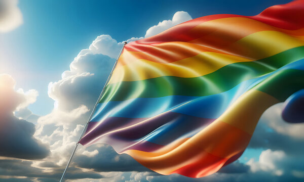 Wehende Regenbogenfahne mit blauem Himmel