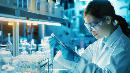 Female research laboratory technician. EPI protection, protective clothing. Biohazar & chemicals pipetting samples in test tubes Chemistry, viruses & bacteria control. Clinical Microbiology biosafety