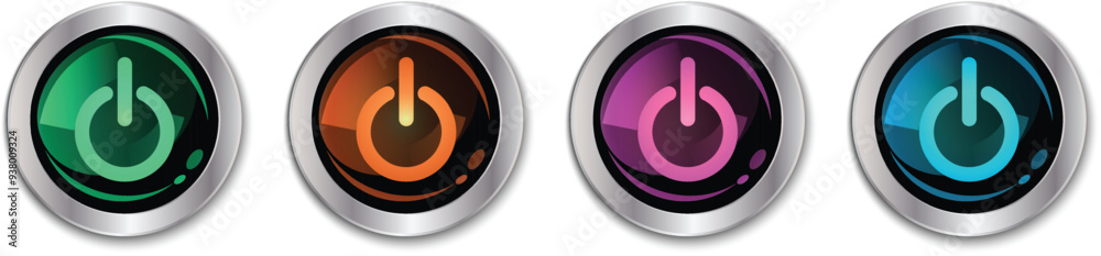Poster set of realistic different color glossy circle power button vector illustration.