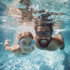 Naklejka premium Father and daughter swimming underwater