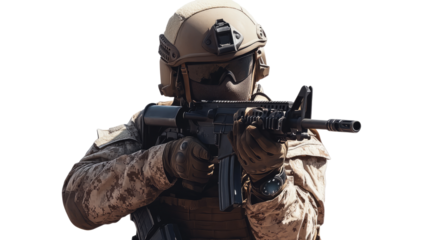 Military soldier holding weapon on transparent background