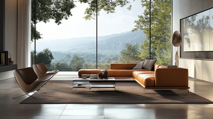 A sophisticated interior scene of a living room with sleek, modern furnishings, large windows that reflect transparent fractals, and warm brown leather textures, the floor lit subtly to create depth,