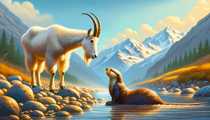 Mountain goat and sea otter share stories by a river, showcasing unlikely friendships bridging two worlds.
