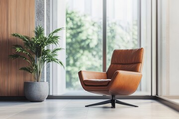 Fototapeta premium A contemporary interior scene featuring minimalist decor, large glass windows reflecting unsplash fractals, and a warm brown leather armchair, the scene accented by wooden trim and ample space on the