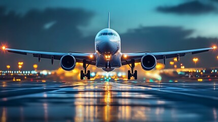 A commercial airplane landing on a brightly illuminated runway at night, with city lights and a dark sky in the background.