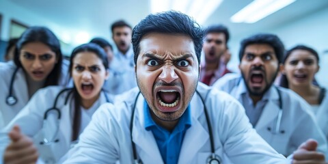 Fototapeta premium Frustrated Indian Doctors Expressing Anger: Workplace Stress and Emotional Release in Healthcare. Abstract Concept of Pressure Management and Doctor-Patient Relations. Minimalist Design with Elegant G