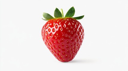 A single, ripe strawberry with green leaves, isolated on a white background.