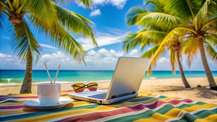 Serene tropical beach scene with a laptop and wireless router on a colorful towel, surrounded by palm trees, sunglasses, and refreshing summer drinks.
