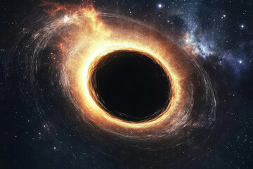 Supermassive black hole is warping fabric of spacetime in outer space. Wormhole illustration in universe