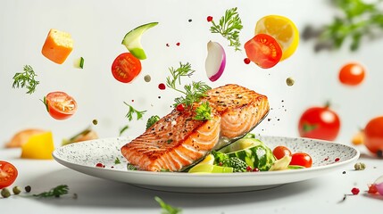 A vibrant dish of grilled salmon served with fresh vegetables and garnished with herbs, showcasing a healthy and delicious meal with ingredients flying around.