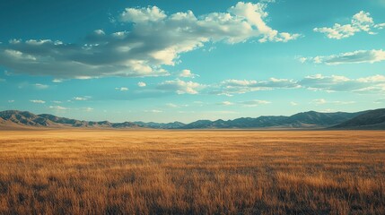 Obraz premium A vast, golden field stretches out under a blue sky with fluffy white clouds, mountains in the distance.