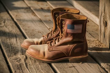 Worn Military Boots with American Flag