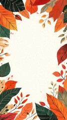 Fototapeta premium Decorative border of colorful autumn leaves is framing a white background with copy space. This illustration is ideal for fall, thanksgiving or harvest themes