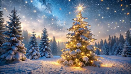Fototapeta premium Serene winter wonderland scene featuring a snow-covered Christmas tree surrounded by sparkling snowflakes and twinkling string lights on a magical night.