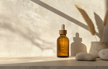 Face serum brown dropper bottle without label for mockup on light stone with soft pampas. Natural textured beige background.