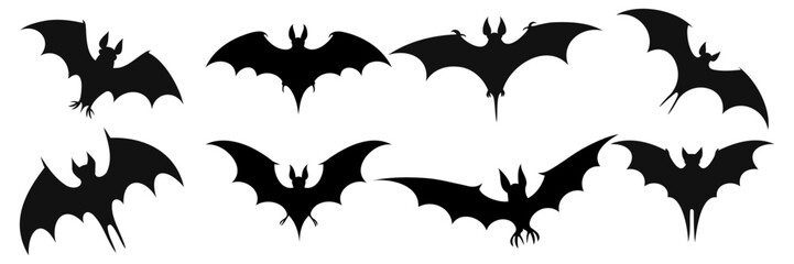 Bats silhouettes set. Sticker with black mouse for Halloween decorations. Cartoon flat vector collection isolated on white background