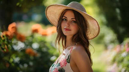 Elegant Pose with Sun Hat: A woman in a summer dress and sun hat, posing gracefully in a garden.
