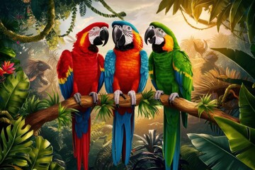 Three Colorful Parrots In A Lush Jungle