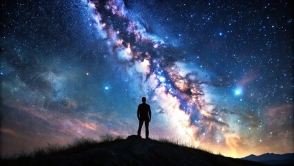 Silhouetted figure stands alone on a hill, gazing up at a vast, starry night sky, surrounded by the quiet majesty of the universe.