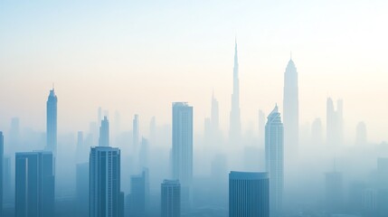 An aerial view of a city with a layer of fine dust covering skyscraper, emphasizing the widespread nature of air pollution