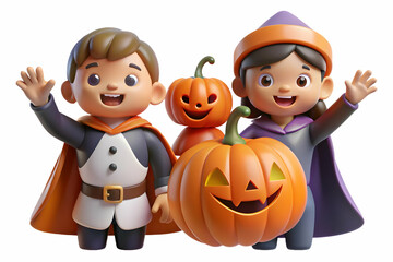 3D Candid Halloween Decorating Contest concept as A candid shot of neighbors participating in a Halloween decorating contest excitedly adding final touches to their displays. The scene captures the fr