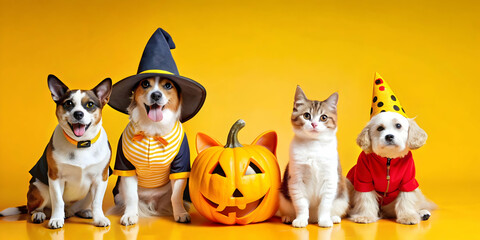 Fototapeta premium 3D Candid Halloween Pet Costume Contest concept as A candid shot of pets dressed in Halloween costumes eagerly participating in a contest. The scene captures the humor and excitement ideal for ads pro
