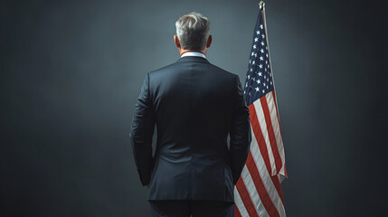 Rear View of a Businessman in a Dark Setting with American Flag, Representing Patriotism, Leadership, and Serious Governance