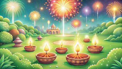 Vibrant Diwali fireworks bursting joyfully over fantastical landscape with glowing diyas