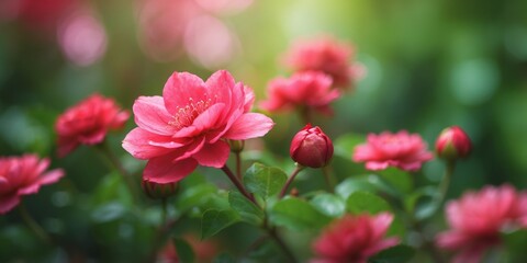 A tight shot of a pink bloom amidst a sea of green and red blossoms, softly focused background.