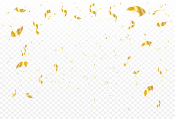 Golden Tiny Confetti And Streamer Ribbon Falling On Transparent Background. Vector Illustration. Happy Birthday. Celebration Banner
