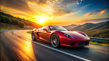 Sleek, low-slung, red sports car accelerates down a winding road, sun casting a warm glow on its curved body, wheels and tailpipes gleaming in motion.