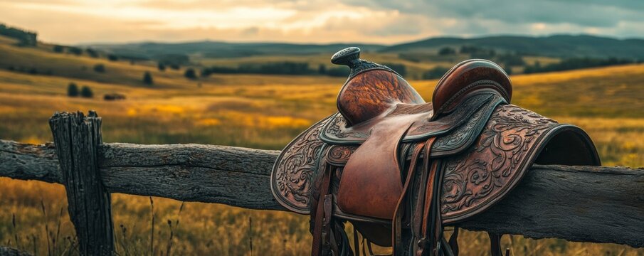 Beautiful, tooled leather western saddle is sitting on a rustic, wooden fence with rolling hills and the warm glow of sunset in the background