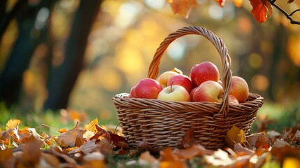 Rustic basket overflowing with ripe red and yellow apples sits on the ground amongst fallen leaves in the warm sunlight of an autumn afternoon
