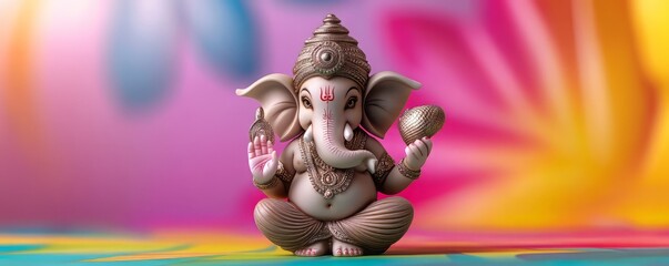 A colorful depiction of a Ganesh idol, symbolizing wisdom, prosperity, and good fortune with vibrant background patterns.