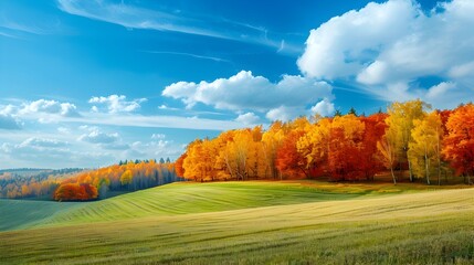 Vibrant Autumn Landscape with Colorful Forests and Blue Sky