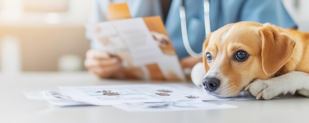 Veterinarian educating a pet owner on disease prevention, using visual aids and pamphlets, informative and supportive environment, veterinary disease prevention
