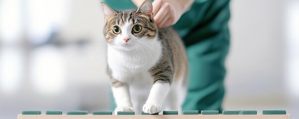 Veterinarian guiding a cat through balance exercises on an obstacle course in a clinic, rehabilitation training, pet agility improvement