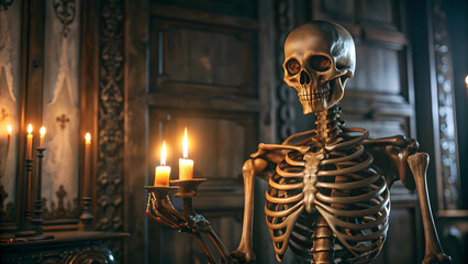 3D Glossy Skeleton Background with Candles concept as A glossy background featuring a skeleton holding a candle in a dark eerie room. The scene is ideal for horror themed Halloween advertisements or s