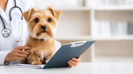 Veterinarian holding a nutritional guide while examining a pet in a cozy clinic, importance of balanced diets, pet health management