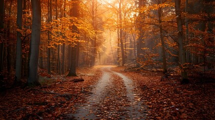 Fototapeta premium Tranquil Autumn Forest Path with Golden Sunlight and Fallen Leaves