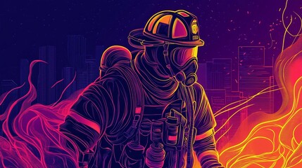 Brave Firefighter in Action: Neon Cityscape - A courageous firefighter in full gear stands amidst a vibrant cityscape backdrop, with flames engulfing the background, symbolizing bravery, danger, rescu