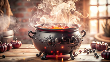 3D Glossy Witchs Brew Background with Cauldron concept as A glossy dark background featuring a bubbling cauldron with glowing magical smoke swirling upwards ideal for Halloween themed advertisements o