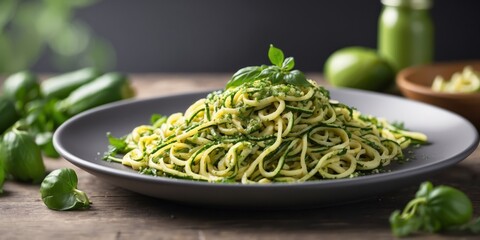 A plate of zucchini noodles with pesto and a side area for a delicious caption.