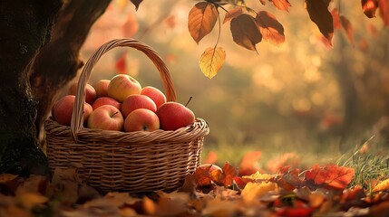 Wicker basket is overflowing with fresh picked apples, sitting on the ground of an autumn orchard, with golden sunlight illuminating the colorful leaves