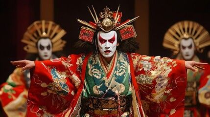 Kabuki Theater Performance: A dramatic Kabuki theater performance with actors in elaborate costumes and makeup.