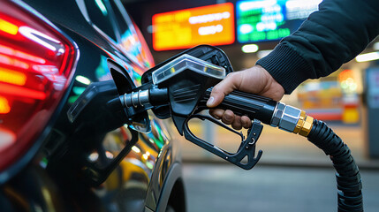 Fototapeta premium close up image of Male hand close-up refueling a city car with city background