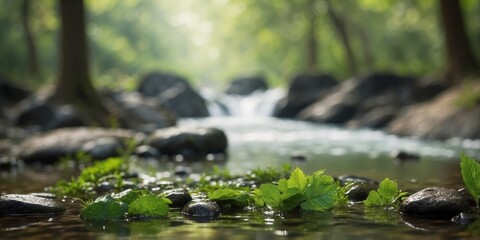 Fototapeta premium water streaming through a verdant forest, adorned with abundant rocks and foliage.